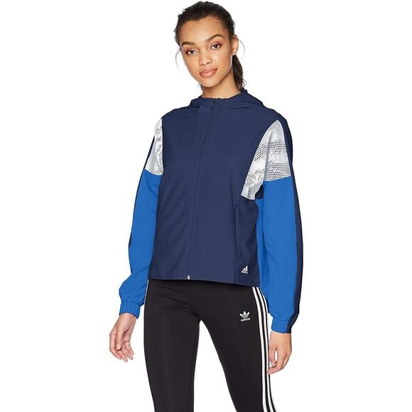 adidas Womens Track Windbreaker Wind Jacket Blue Color Block Size Large Hooded - Picture 1 of 5